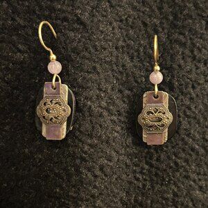 Purple and Antiqued Gold Dangle Earrings